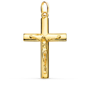 Cruz oro amarillo con Cristo maciza medio palo redondo brillo 18K 38x24 mm Joyería Parjoya