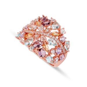 Sortija de plata de ley  con baño de oro rosa y circonitas azul, amarillas, lilas y moradas